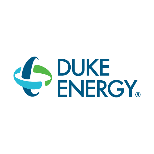 Duke Energy logo featuring a graphical element with blue, green, and dark blue shapes intertwined, next to the text "DUKE ENERGY" in blue capital letters.