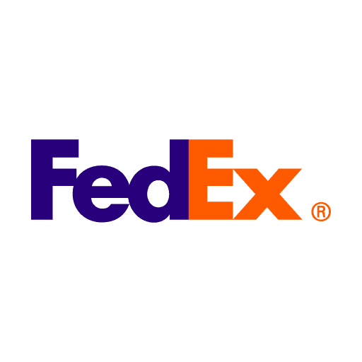 FedEx logo featuring the company name in purple and orange letters, with a hidden arrow formed between the "E" and "x.