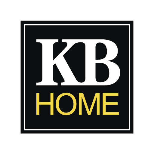 KB HOME logo with "KB" in white and "HOME" in yellow, displayed within a black square bordered by a white outline.